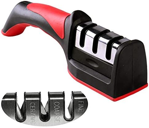 Black and red 3-stage kitchen knife sharpener in use