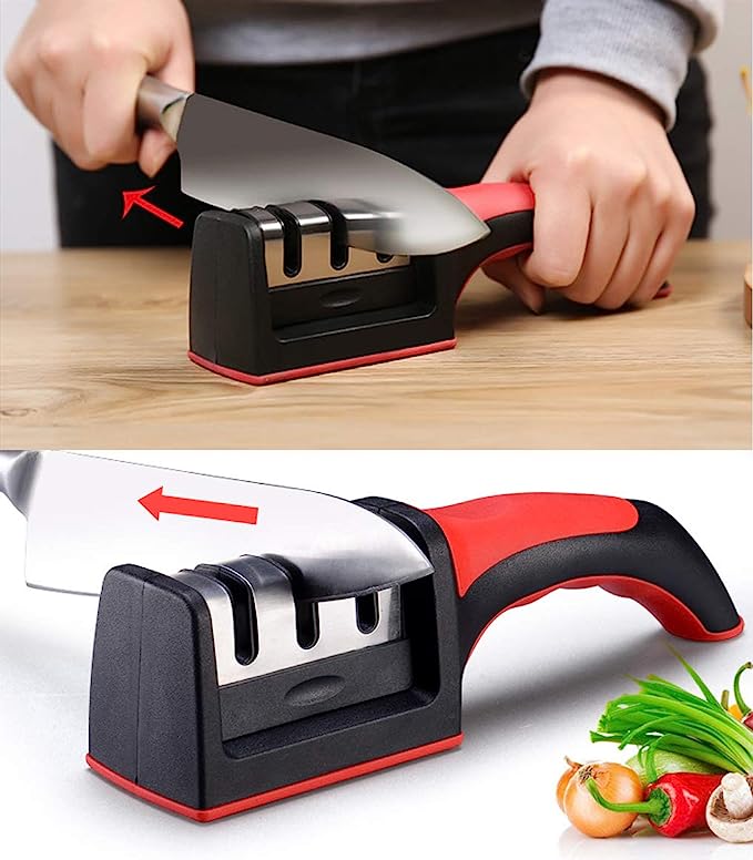 Kitchen knife sharpener showing 21 cm length and compact dimensions
