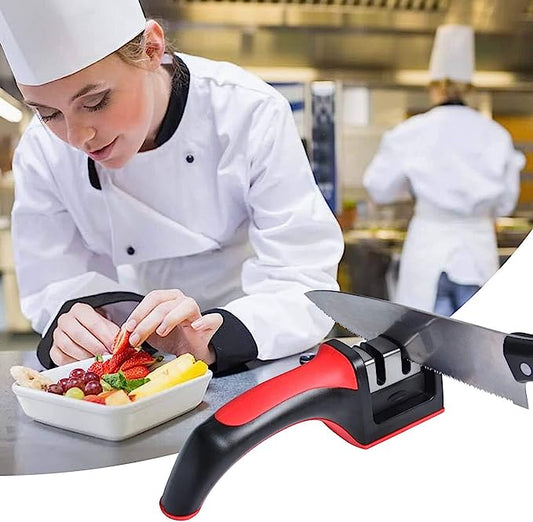 Black and red kitchen knife sharpener with knife