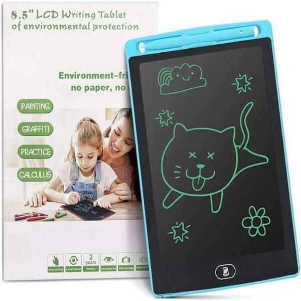 Blue 8.5-inch LCD writing tablet with child drawing
